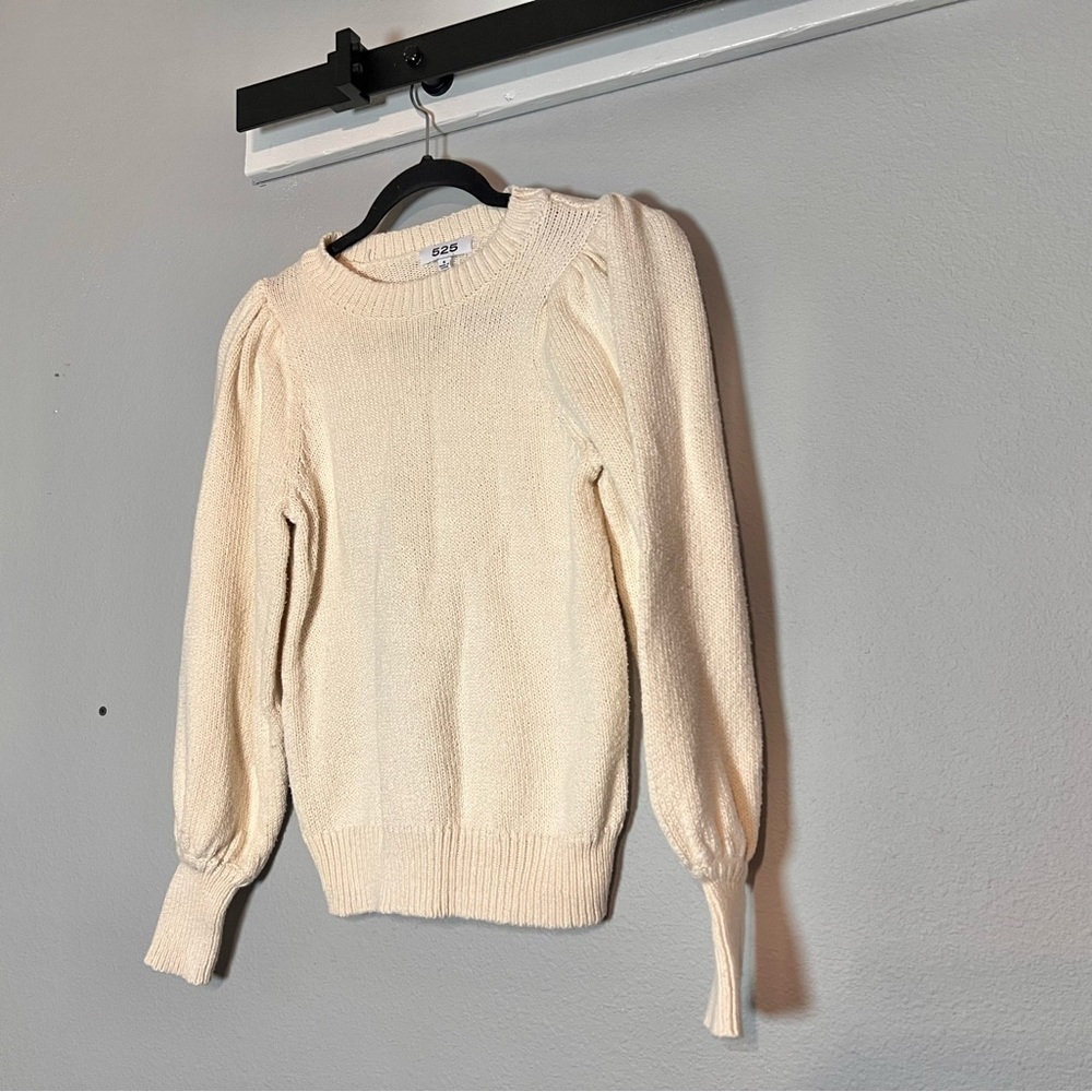 525 Sweater Pullover Crewneck Puff Sleeves Cream Ivory Beige Cotton Size Small